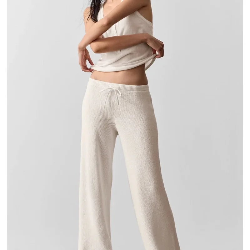 カジュアルニットワイドレッグストレートパンツ万能ハイウエストゴムウエスト綿混紡ポリエステルレディースファッション