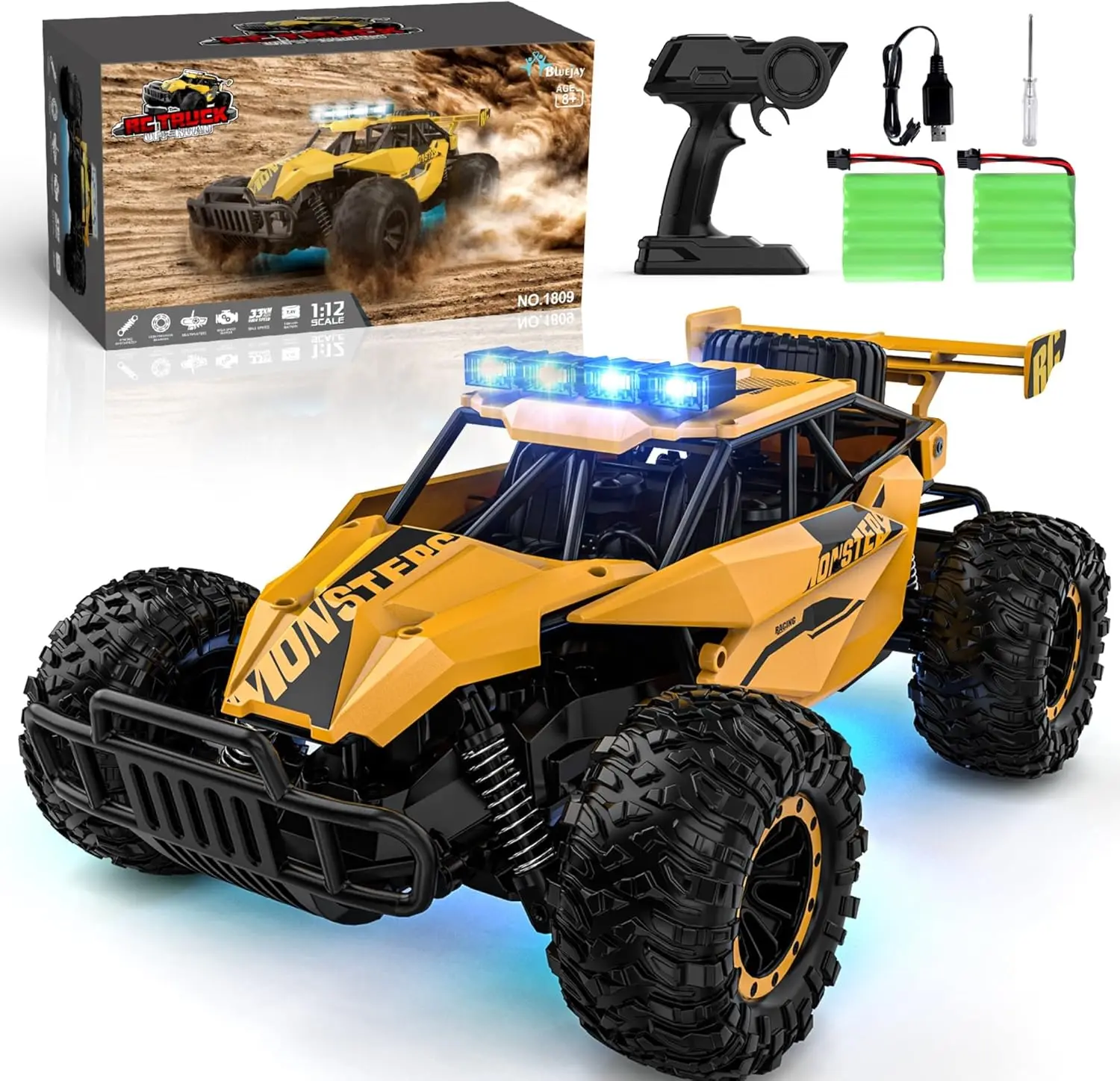 

Remote Control Car for Boys, RC Cars, 1:12 Monster RC Truck Off Road with LED Headlight and Rechargeable Battery Gifts