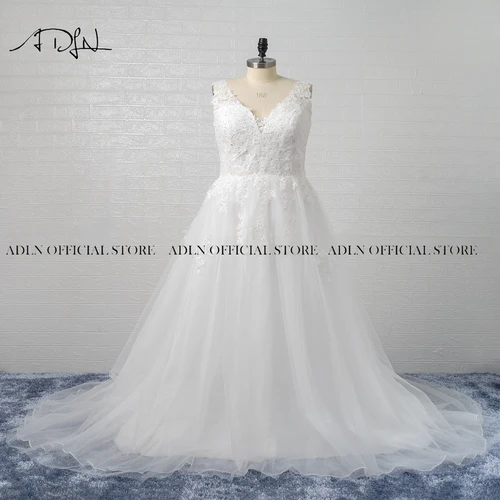 Imagen 1 del producto Vestido de novia elegante con apliques de cuello en V, vestido de novia de talla grande, línea A de encaje de Organza hecha a medida, bata de boda de gran tamaño