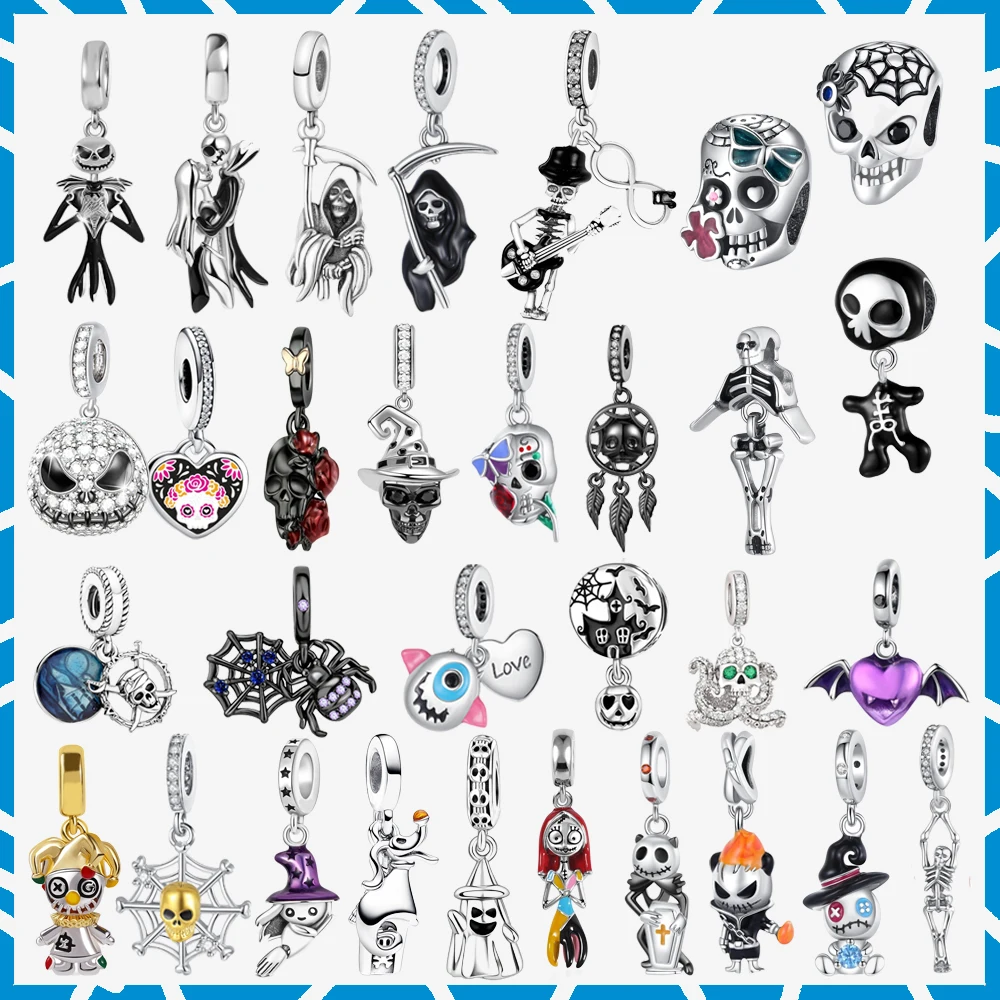 

Halloween Reaper 925 Sterling Silver Witch ghost Skeleton Dangle Charms Fit Original Bracelet Beads Jewelry DIY festival Gift