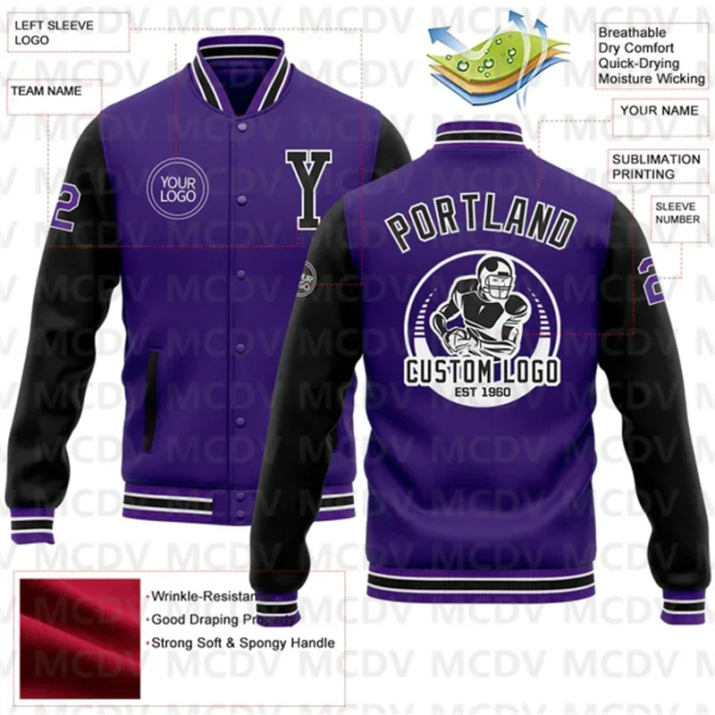 Custom Purple Black Bomber Full-Snap Varsity Letterman Two Tone Jacket