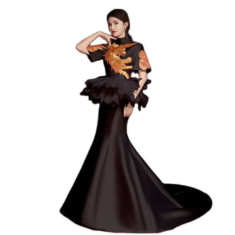 

Oriental Women Evening Party Black Vestidos Trailing Female Cheongsam Elegant Qipao Sexy Modern Mermaid Gown