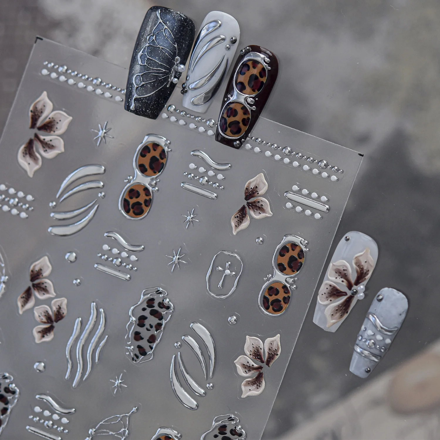 Retro Wild 5D Nail Stickers Leopard Print Hollow Out Butterfly Petal Curved Bar Metal Frame Four Pointed Star Decals for Women