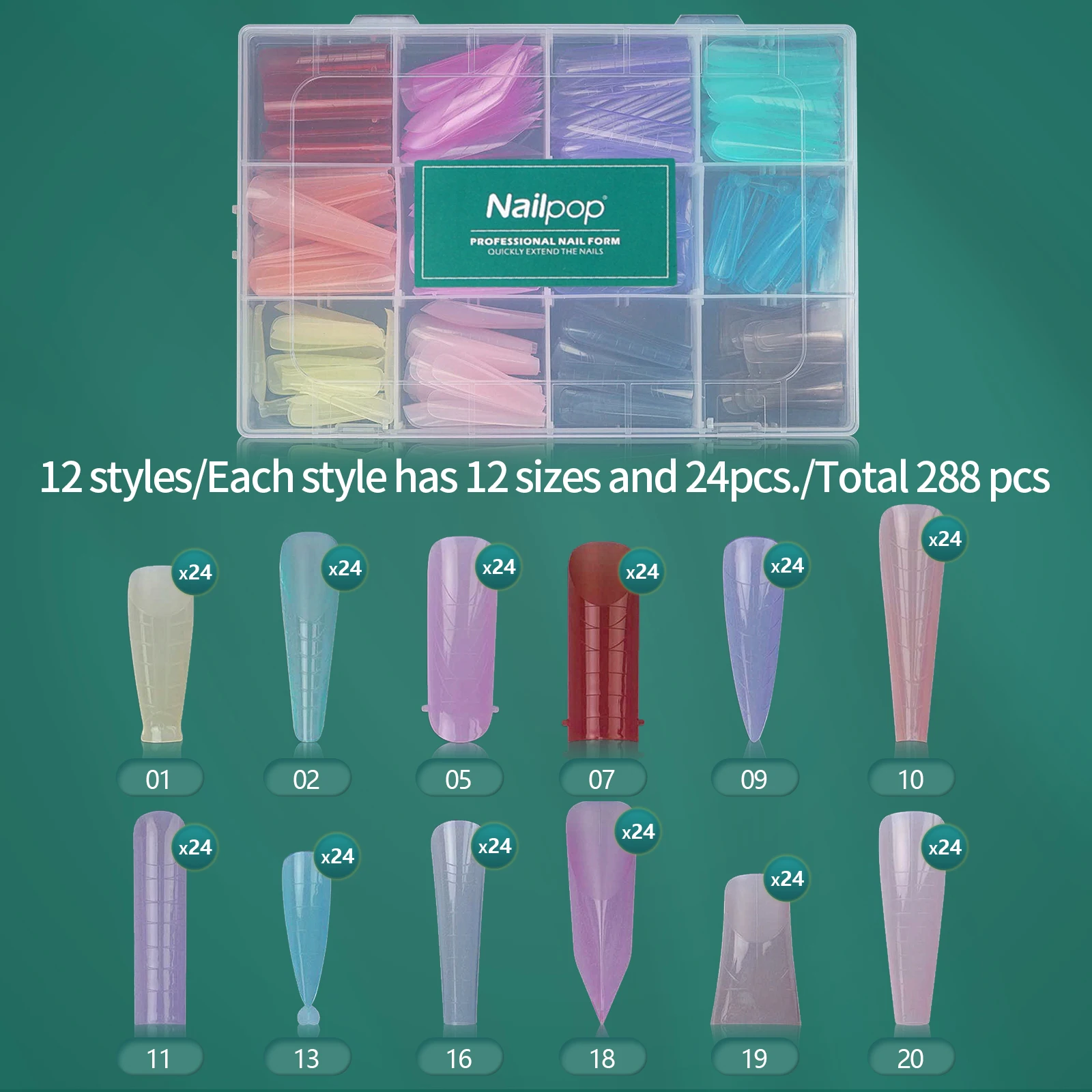

288PCS Colorful Nail Dual Forms Reusable Molds With Scale Multiple Shapes Sizes Nail Dual Forms for Manicure Art Design Salon