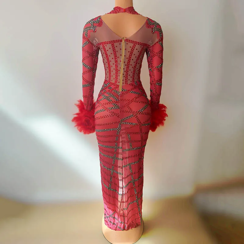 Bar chanteur Costume plumes rouges tempérament Sexy Robe de soirée discothèque modèle défilé danse Banquet dîner Robe Cocktail Luxe