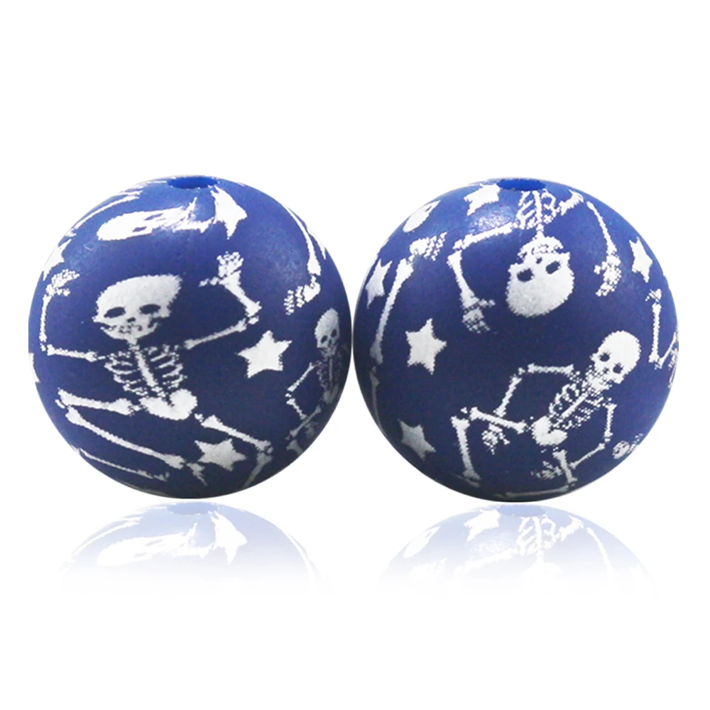 New Arrival 10Pcs Printed Silicone Beads 15MM Halloween Dacing Skeleton Skull Bone Star Pattern Silicon Focal Bead For Pens