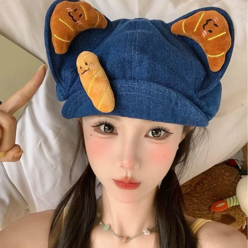 Denim Newsboy Beret Cap Large Head Circumference Croissant Cat Ear Octagonal Beret Hat Cute Cartoon Versatile Cat Ear Cap Women