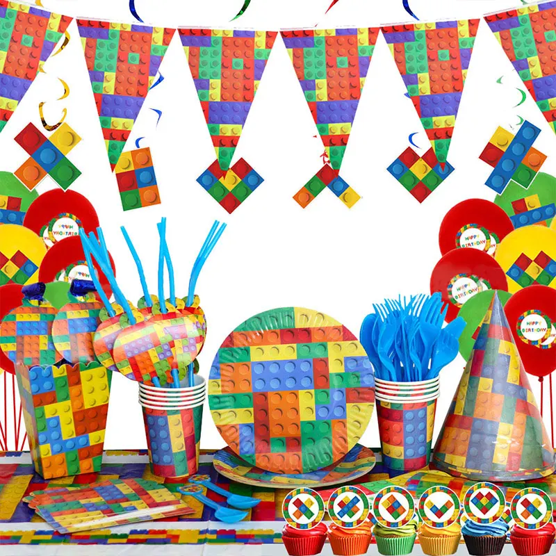 Building Blocks Birthday Decorations Children's Toys Theme Party Supplies Disposables Tableware Cake Topper Balloons Baby Shower