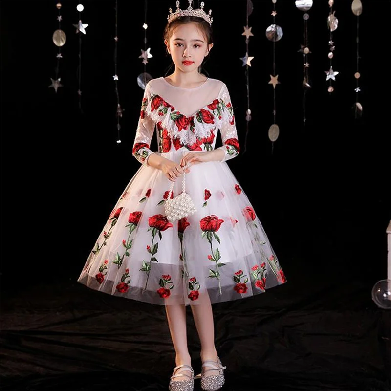 Children's dress rose embroidery mesh aline party  white girl princess dress tutu