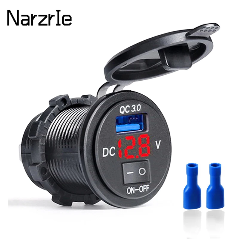 Gniazdo ładowarki samochodowej Quick Charge 3.0 USB z cyfrowym wyświetlaczem i woltomierzem Gniazdo ładowarki USB z włącznikiem i wyłącznikiem do samochodu, motocykla, ATV