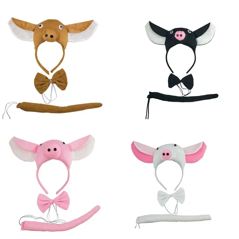 

Party Pig Ear Headband Bow Tie Tail Birthday Gift for Women Animal Cosplay Hair Bands Plush Christmas Halloween