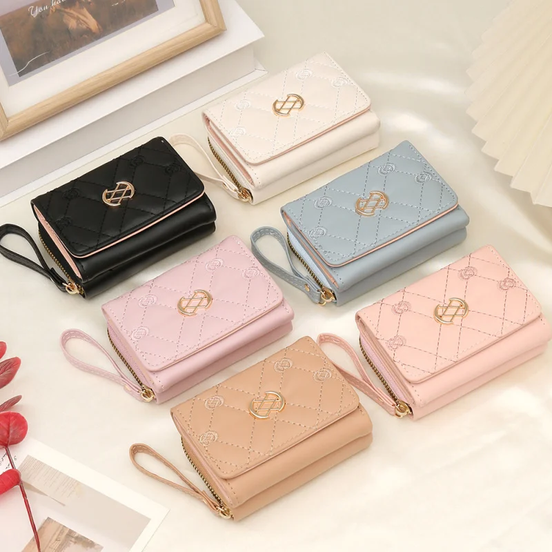 

Trendy Short Zip Women's Embroidered 3 Fold Wallet Multiple Card Slots Minimalist Korean Pop
