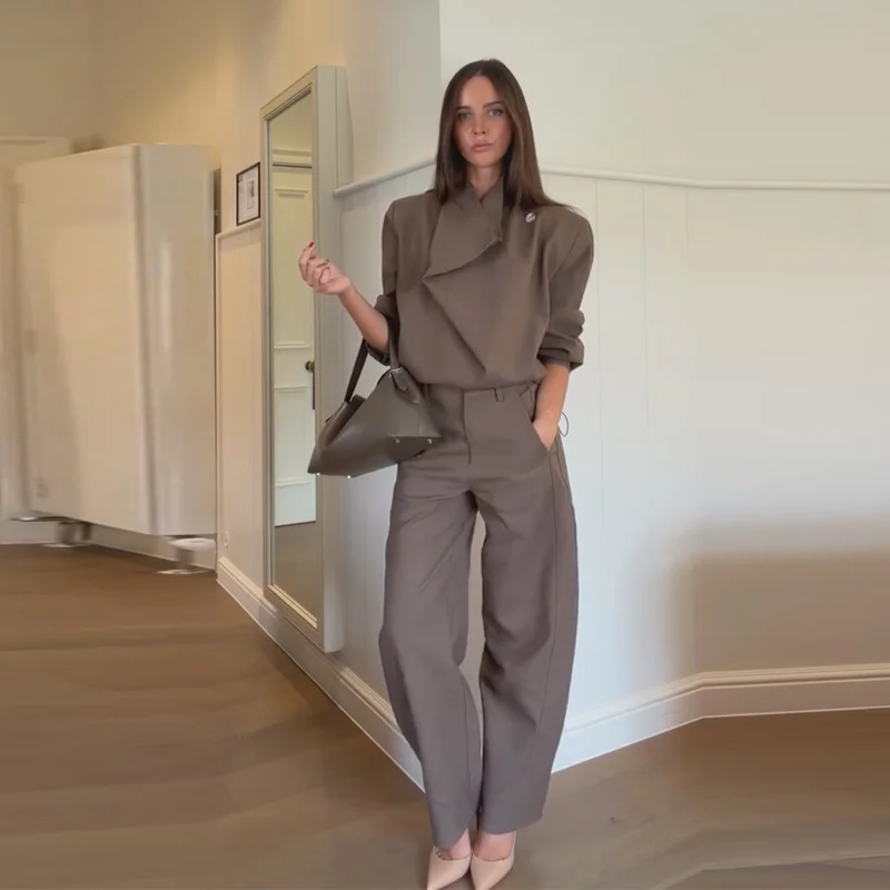 Mantel, Tube Top und Hose 3-teiliges Set für Damen, Sexy Laternenärmel-Jacke mit Reißverschluss, Gerüschte Lose Jacke, Hochgeschnittene Weite Hose, Outfit – Detail 19