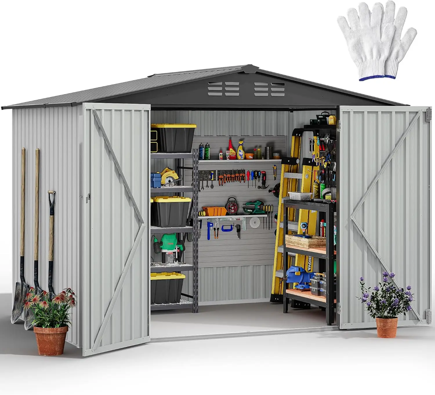 

8x6 FT Outdoor Storage Shed, Large Metal Tool Sheds, Heavy Duty Storage House with Lockable Doors & Air Vent for Backyard