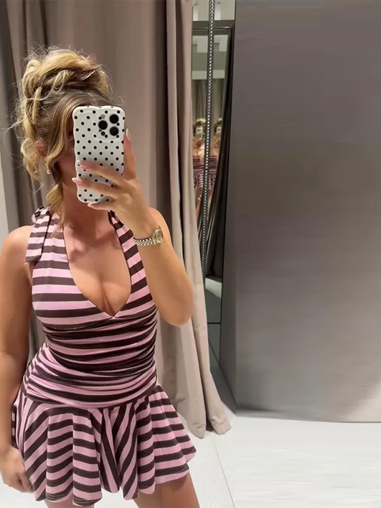 Damen-Minikleid mit tiefem V-Ausschnitt, rückenfrei, Neckholder, gestreift, charmantes, ärmelloses, plissiertes, schmales Partykleid mit Schnürung, neue Roben – Detail 14