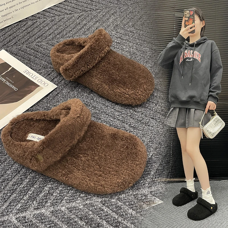 

Winter 2025 Cotton Drag Outside Flat Fluffy Slippers