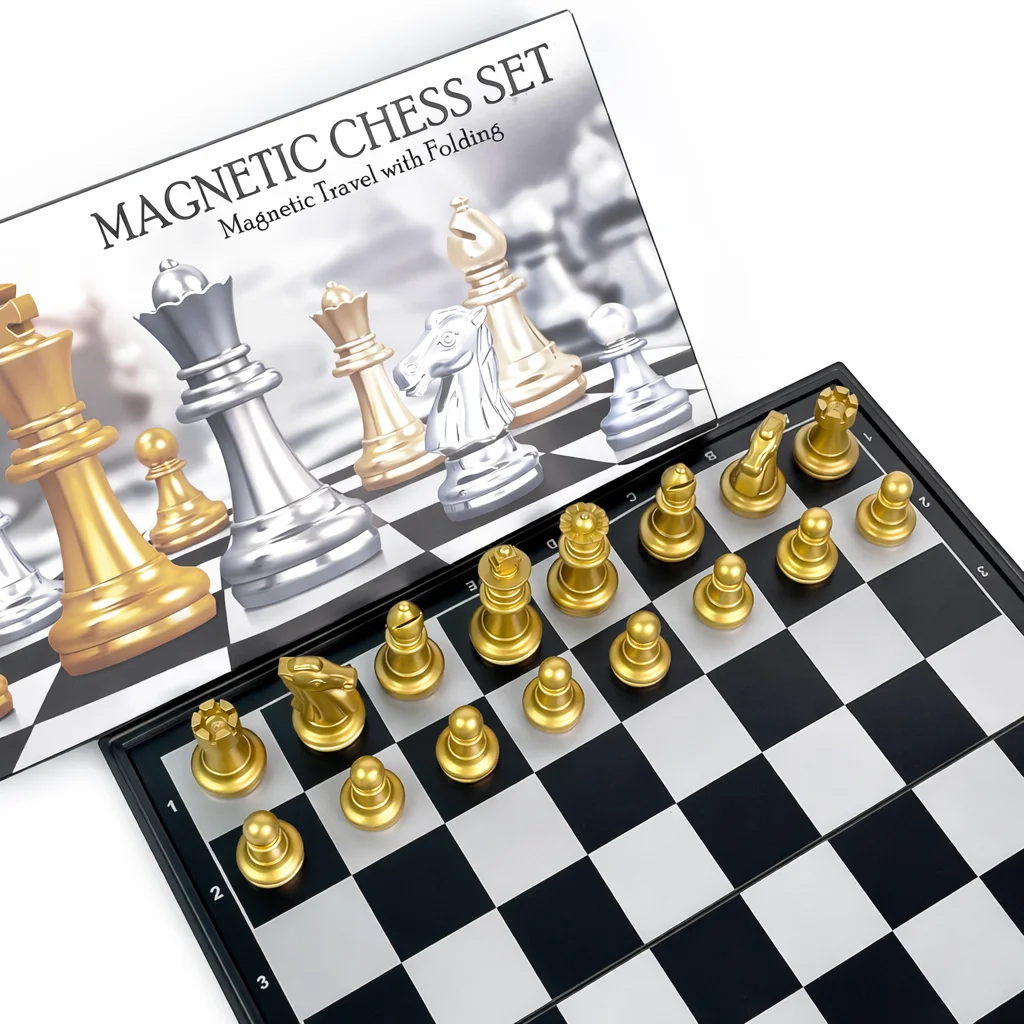 Folding Magnetic Chess Set Gold Silver Board Game with 4 Sizes Portable Travel Educational Puzzle Toy for Kids Boys Girls Gift