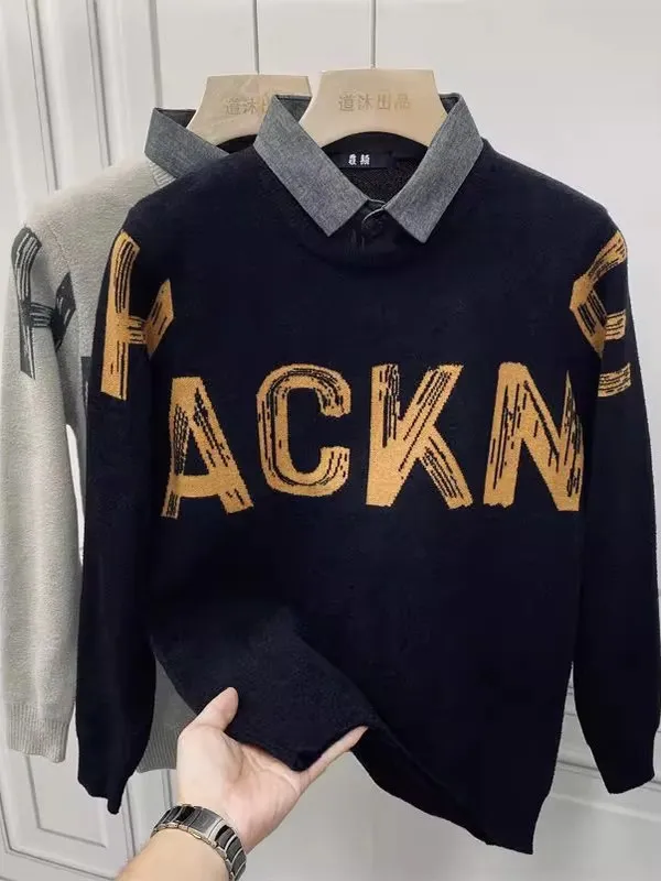 

Loose Men's Knitted irt Collar Sweater Youth Casual Faion Winter Warm Long Sve Print Base Layer Top Urban Sle