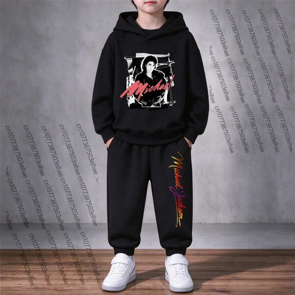 Autumn Kids Michael Jackson Graphic Hooded Sweatshirt Suit 3-12 Years Boys Girl Long Sleeve Hood Jacket Pants Two-Piece Clothing