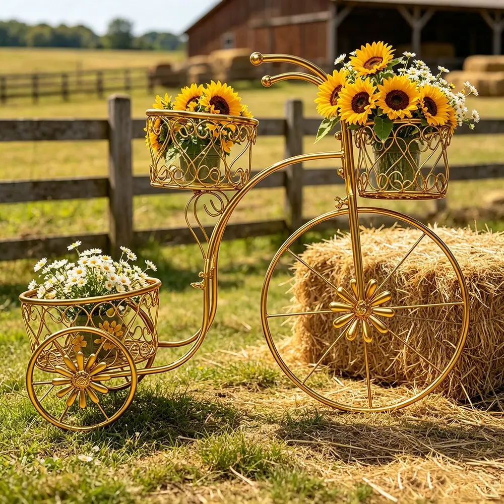 

Golden Bicycle Plant Stand, 3Tier Rustic Metal Tricycle Planter Stand, Creative Hollow Wrought Iron Flower Rack, RustProof Weat