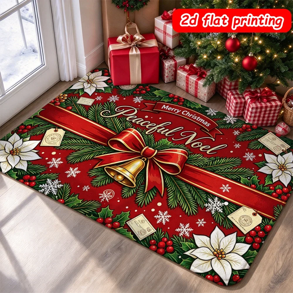 Festive Red Welcome Rug Golden Bell Ribbon Christmas Ornament Floor Mat Gingerbread Man Area Rug Holiday Home Doormat