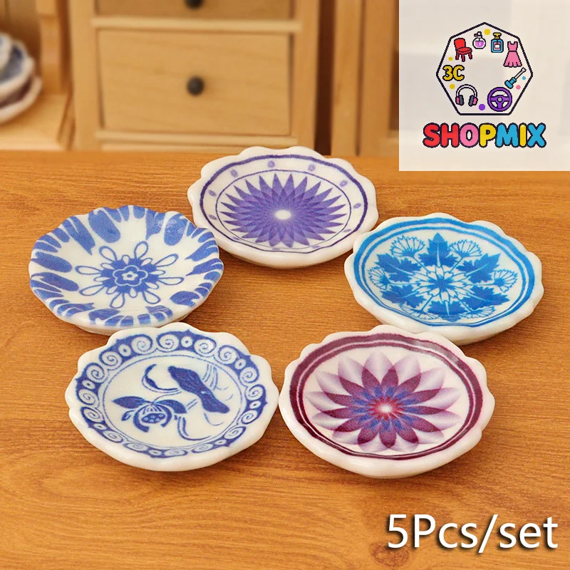 5Pcs 1:12 Dollhouse Miniature Dining Plates Doll Home Simulation Kitchen Tableware Accessories Dolls House Scene Decor Toy
