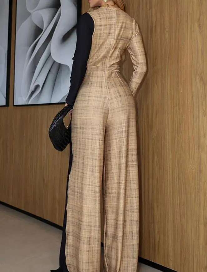 Jumpsuit Women 2025 Spring New Fashion Colorblock Long Sleeve V Neck Faux Two Piece Jumpsuit Casual High Waist Wide Leg Romper