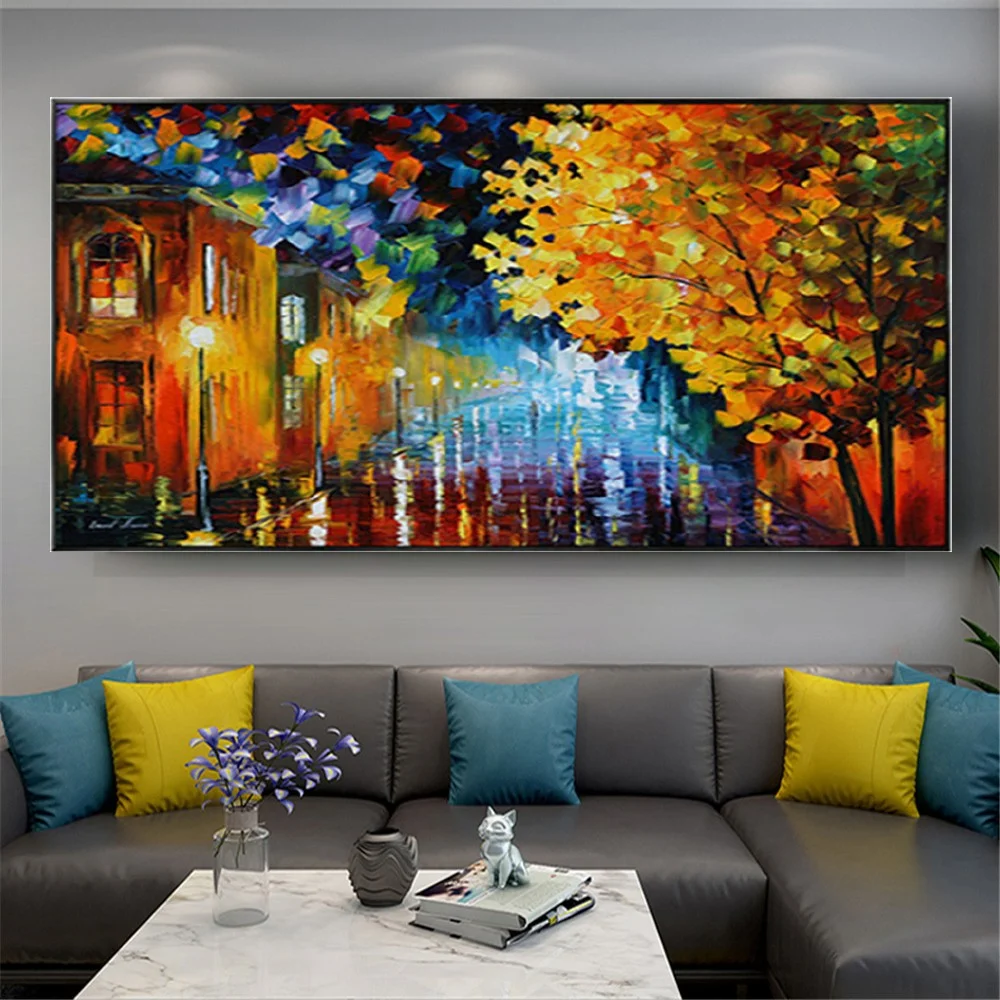 100% Handmade Knife Oil Painting Street Forest Thick Texture Colorful Scenery Art For Home Office Wall Decor Poster Exhibits