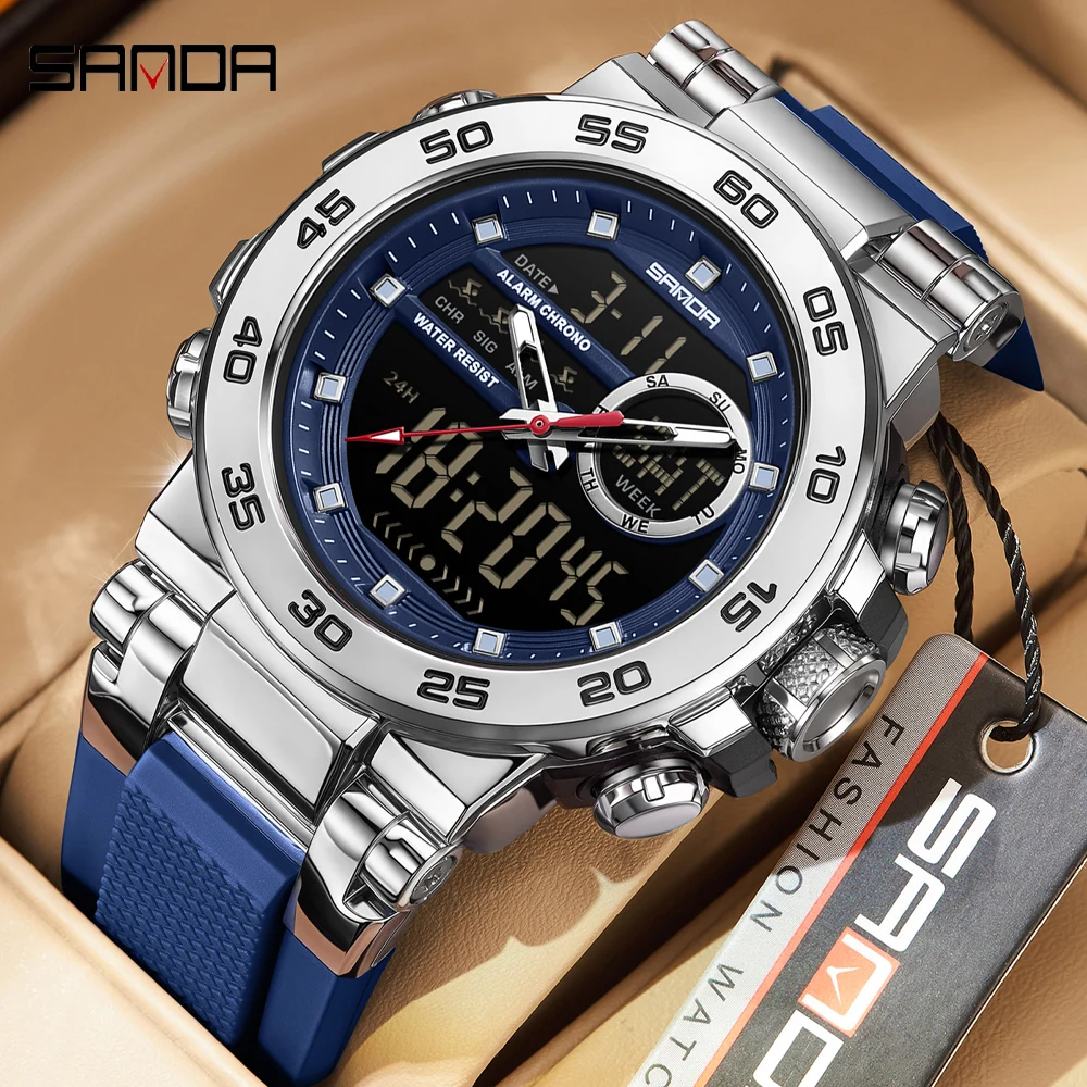 SANDA Fashion Men Quartz Clock Week Date Luxury Military Man Watch Waterproof LED Electronic Digital Sport Men's Watches Reloj