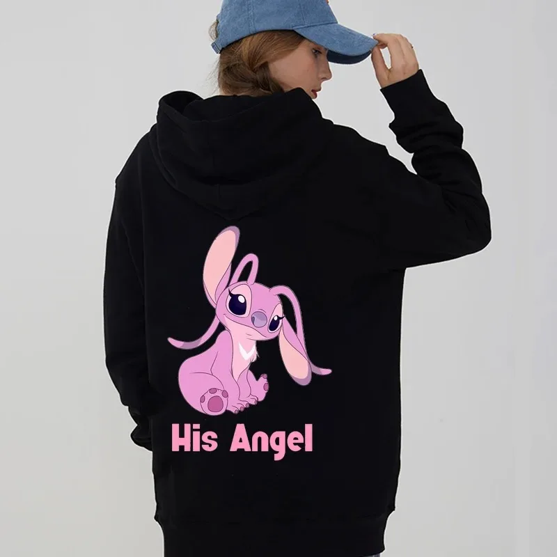 Hoodies femininos bonito casal roupas disney personagens lilo & stitch inverno quente padrão dos desenhos animados moletom harajuku streetwear