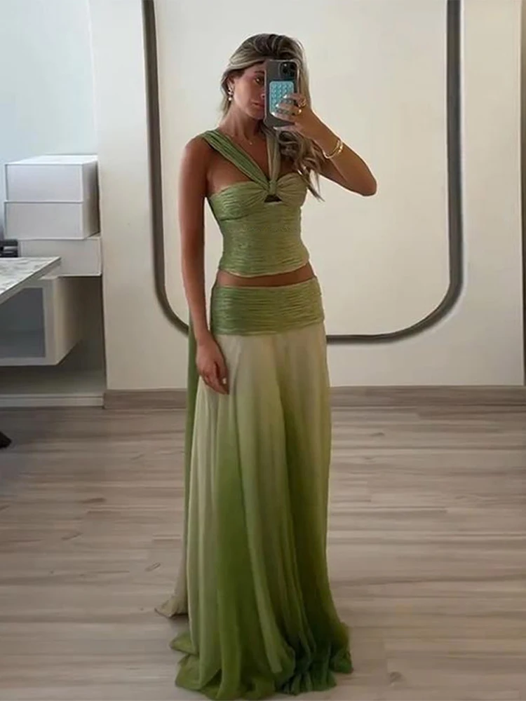 الشاطئ التدرج تنورة طويلة مجموعة المرأة ضئيلة الرسن أكمام مطوي أعلى الطابق طول تنورة 2025 عطلة الصيف مثير سيدة البدلة #5