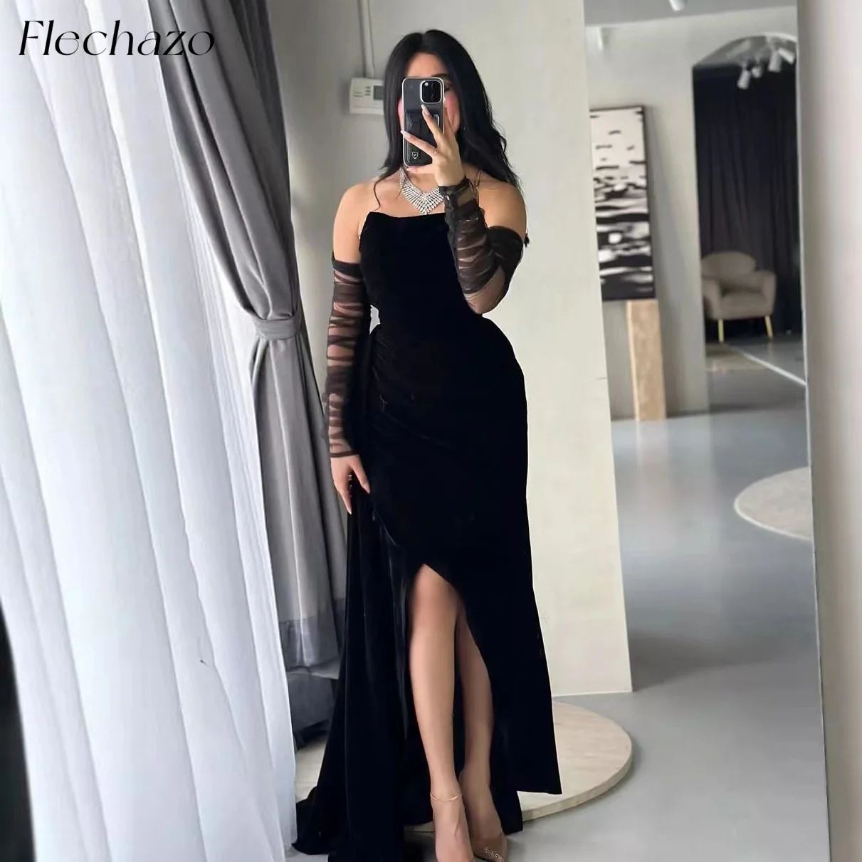 

Flechazo Black Velour Evening Dresses Strapless Sexy High Slit Floor Length Elgeant Party Dress For Women 2024 فساتين السهرة