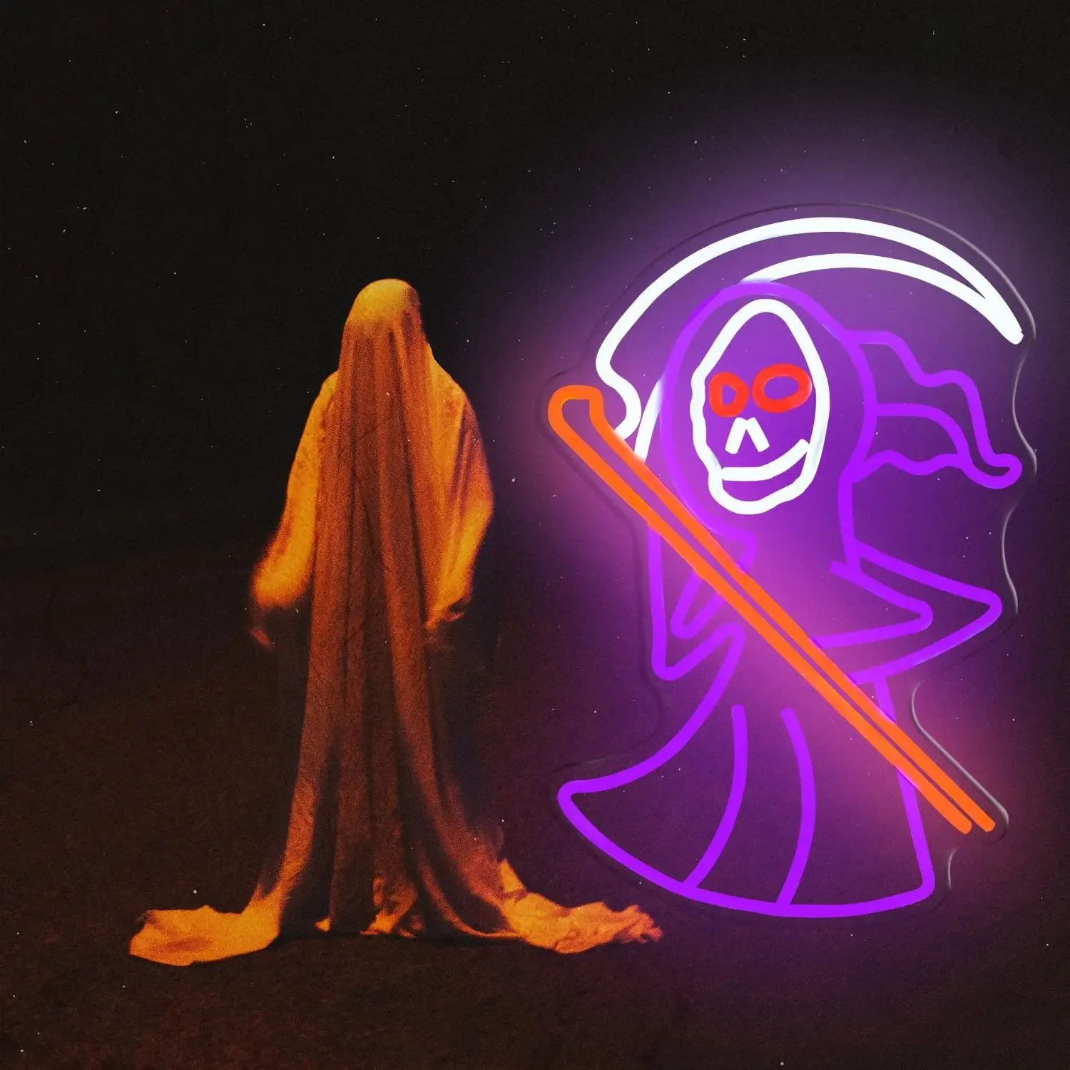 Vintage Grim Reaper Skull Neon Sign USB Dimmable Neon Light for Halloween Pub Stall Man Cave Dark Theme Party Wall Art Lamp Gift