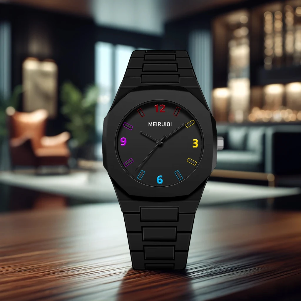 Simple advanced student, black polygon, color-coded quartz watch