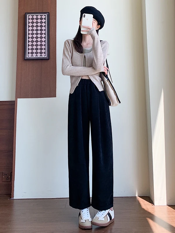 بسيطة عارضة فضفاض واسعة الساق السراويل عالية الخصر المخملية اللون المرأة الخريف Faion مستقيم الساق السراويل مع كيتس