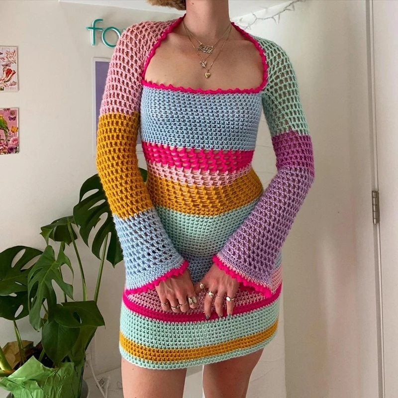 

Colorful Patchwork Hollow Out Crochet Mini Dress Chic Women Long Sleeve 90s Vintage Aesthetic Knitted Dress Y2K Fairycore