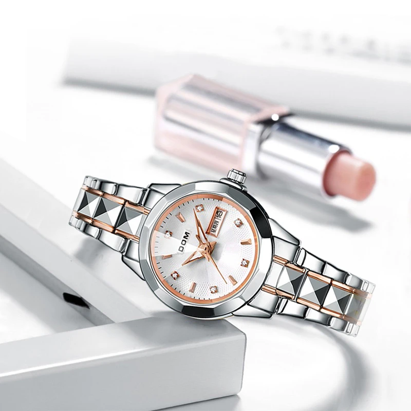 DOM 1677 Фирменные женские мини-часы стальные Простые водонепроницаемые светящиеся кварцевые часы с датой недели элегантный браслет для подарка