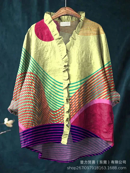 Femmes chemises décontracté surchemise géométrique hauts à manches longues Blouses chemise régulière haut bureau dame basique élégant 2025 printemps automne