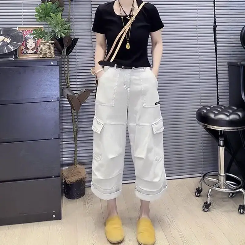 

High street cargo jeans women's new spring and summer new solid color elastic eight quarter high waist straight leg pants