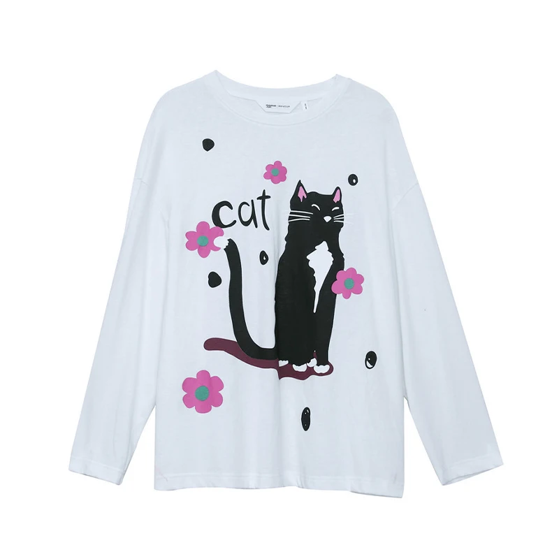 MOVEUP Women's Cat Flower Printing Long Sleeve T-Shirt 2026 Autumn Cotton Crew Neck Tops Casual Loose Tees Office Lady 3ELC10561 view 6