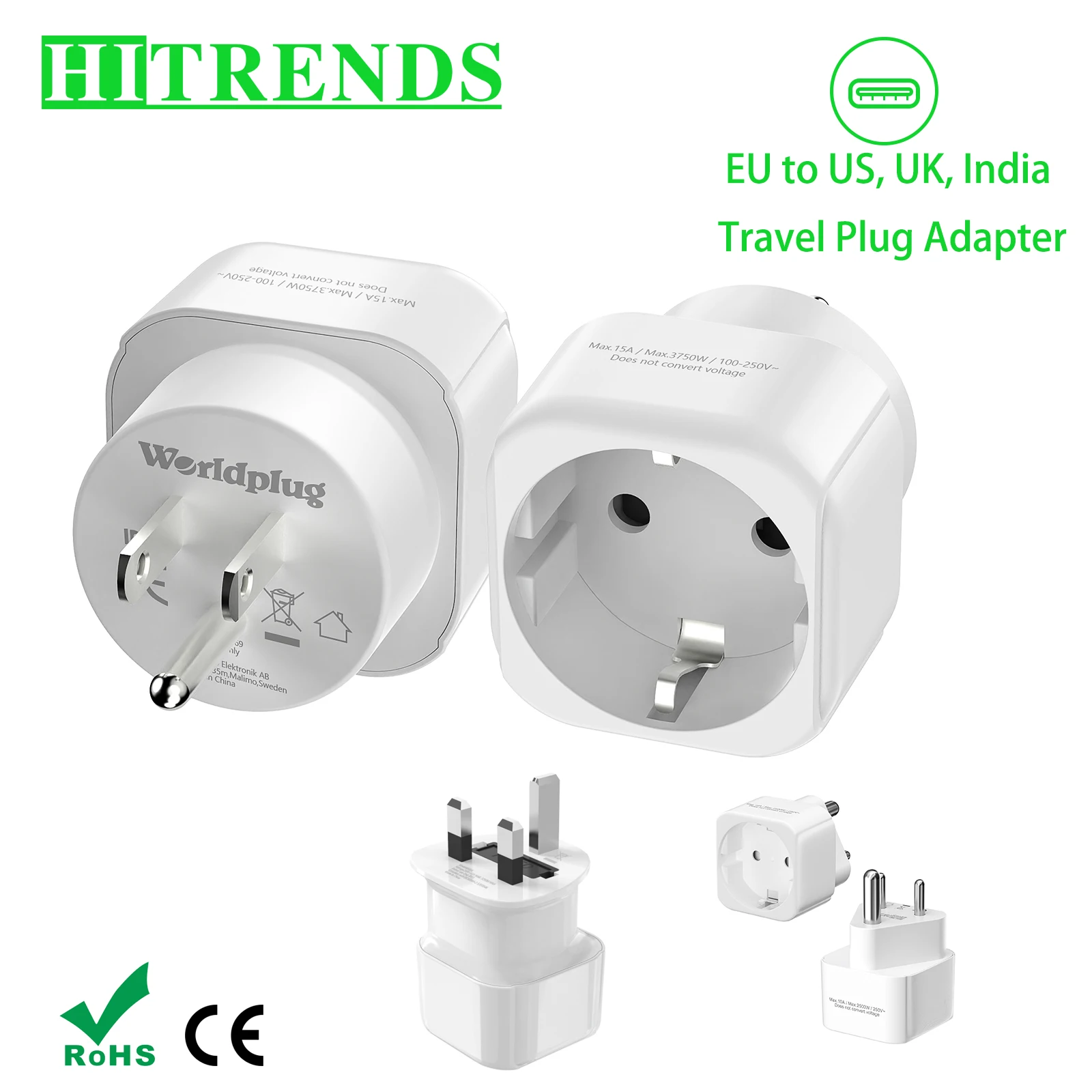 2 Pack European to US, UK, India Plug Adapter USA Canada Mexico Ireland Travel Adapter EU 2 Pin Wall Socket Adapter Converter