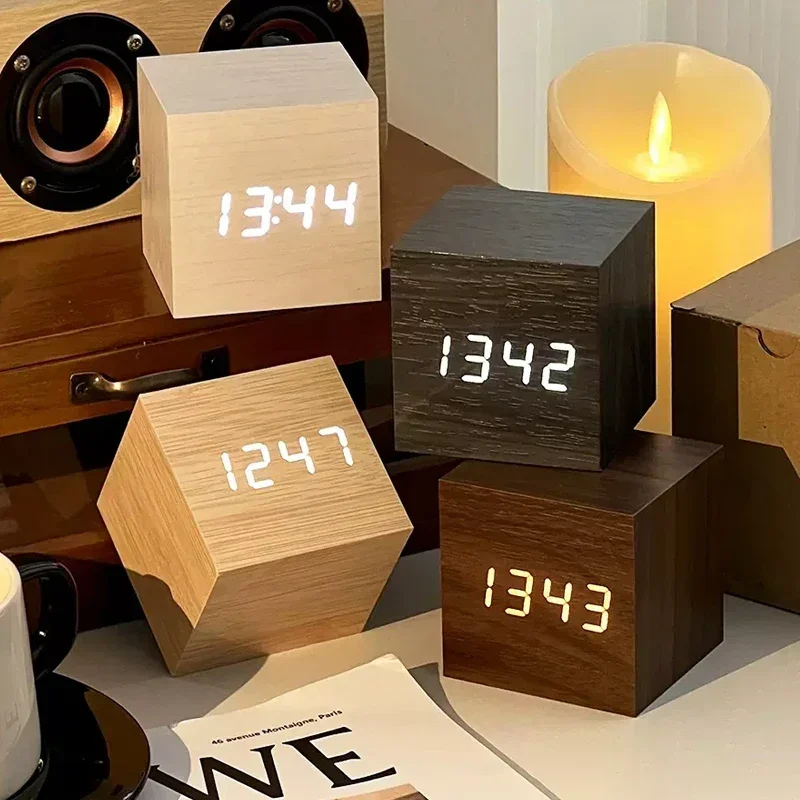 Square Digital LED Alarm Clock Wood Retro Glow Clock Desktop Table Decor Voice Control Snooze Function Desk Clock