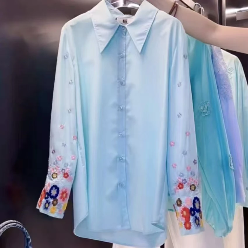 

Luxury Design Exquisite Embroidery Cotton Blue Shirts Blouses for Women's Long Sleeve Oversize Tops Woman Clothes