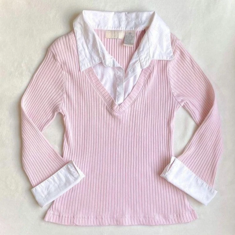 

Niche American Retro Collar Fake Two Piece Long Sleeve Shirt Y2k Spring Autumn Slim Spliced Top Sweet Turn Down Collar Clothes
