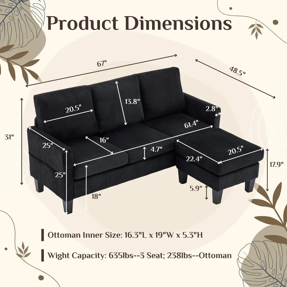 

Small Sectional Couch L Shaped Sofa with Movable Storage Ottoman Corduroy Upholostered Sofa Chaise with Side Pockets for Living
