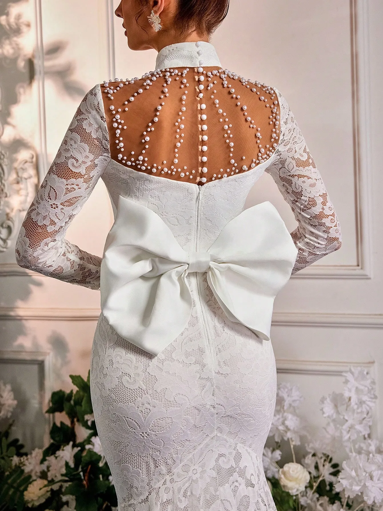 Elegant Wedding Dresses High Neck Pearls Mermaid Bridal Gowns Lace Princess Long Sleeves Customized Vestidos De Novia