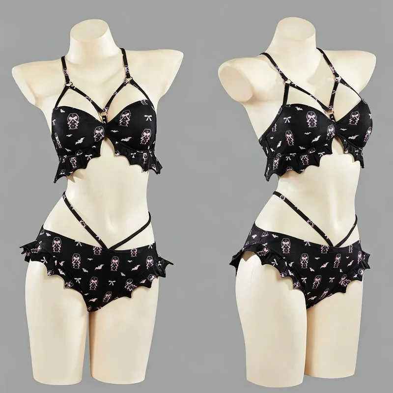Dark Gothic Halter Neck Bikini Swimsuit, Alternative Subculture Sweet Cool Unique Indie Design Cosplay Outfit For Beach Party view 3