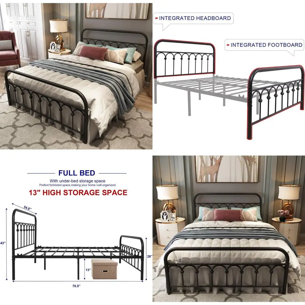 

Vintage Wrought Iron Full Size Metal Bed Frame with Headboard and Footboard, Black Platform Base