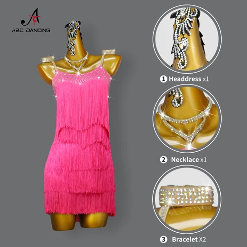 Imagen 2 del producto Vestido de baile latino rojo, falda con flecos, vestido de fiesta de baile Sexy para adultos, traje de competición deportiva profesional, traje de línea personalizado para niñas
