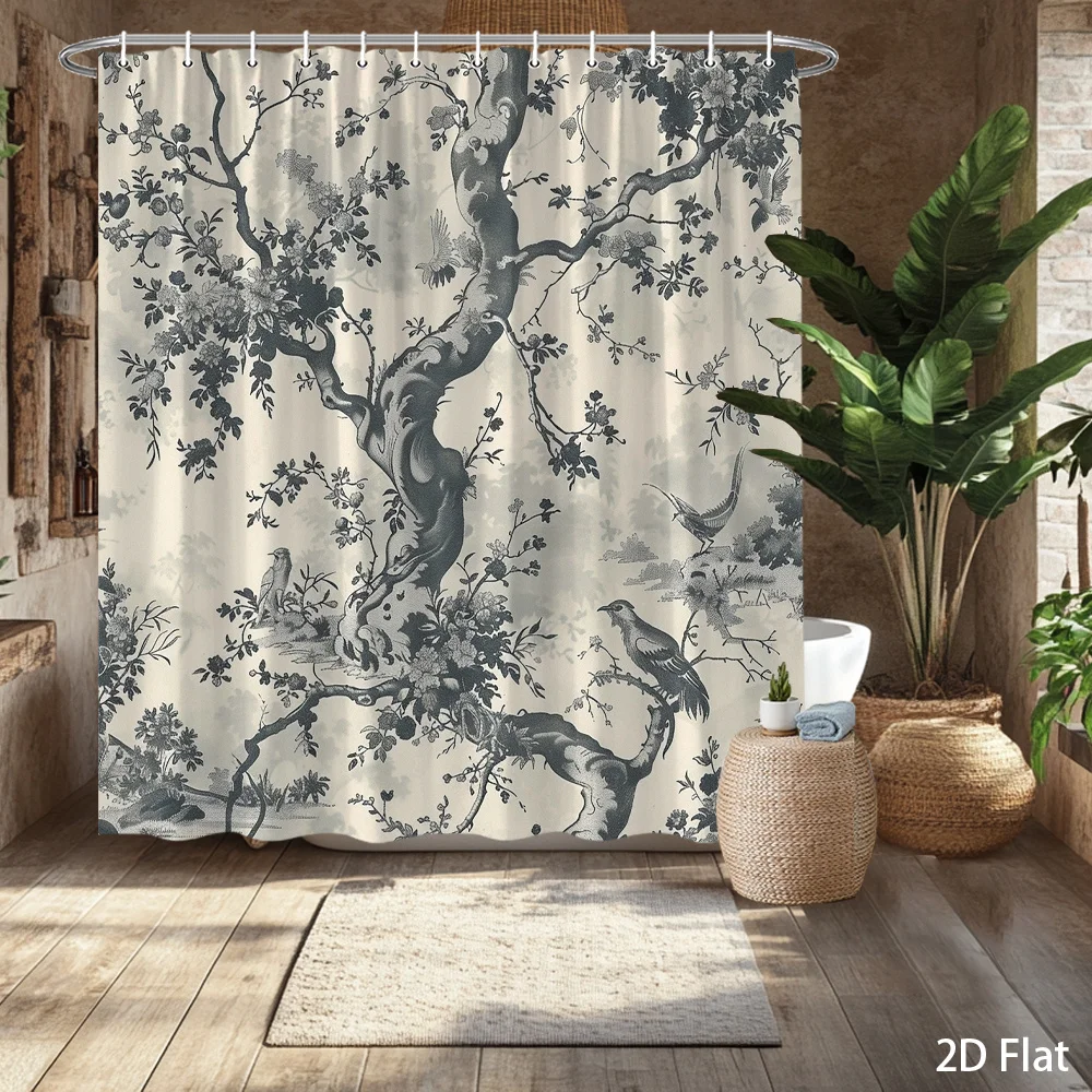 Botanical Tree & Bird Shower Curtain – Gray-White Nature Print, Elegant Branches & Flying Birds Design, Multiple Sizes Available